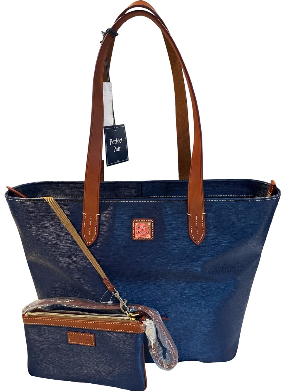 New Dooney & Bourke Navy Leather  Tote Brown Leather Handles and Matching Pouch